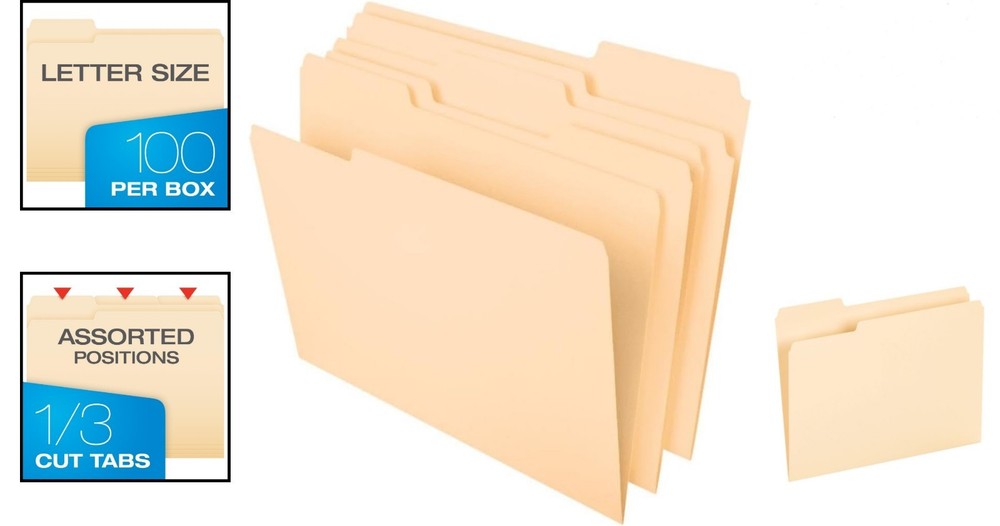 100 Pack Manila File Folders, 1/3-Cut Tabs for Efficient Organization