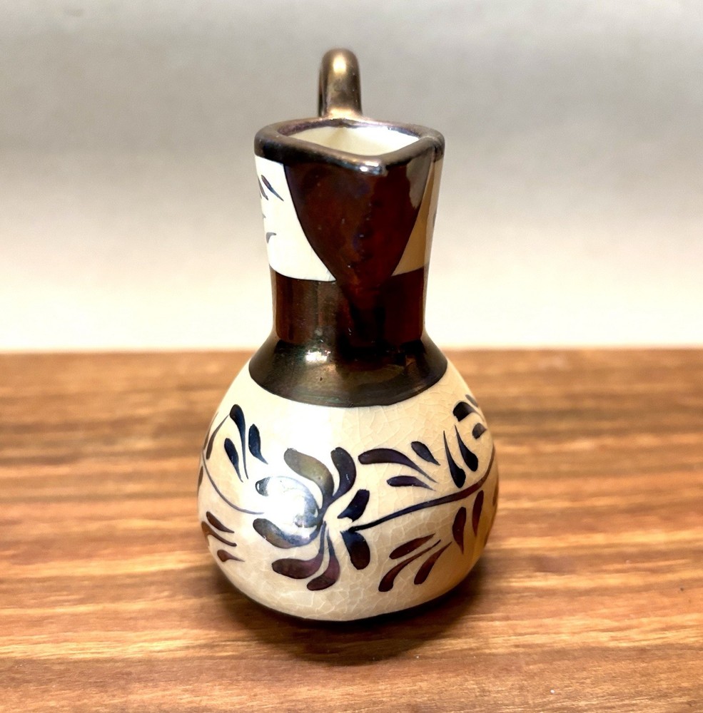 Miniature Lusterware Creamer Metallic Copper Glazed Band England Leaf Pattern