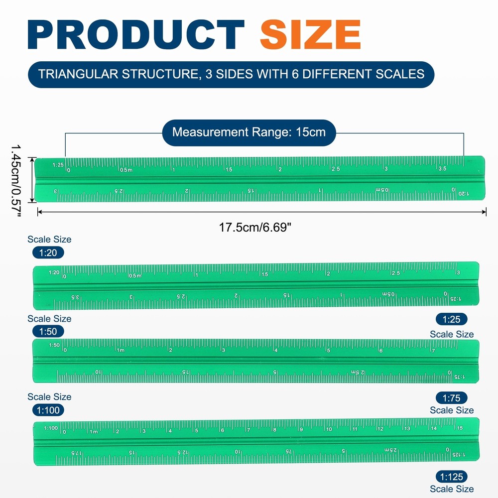 2 Pcs 7 Inch Metric Architectural Triangular Scale Ruler Small Scale, Green