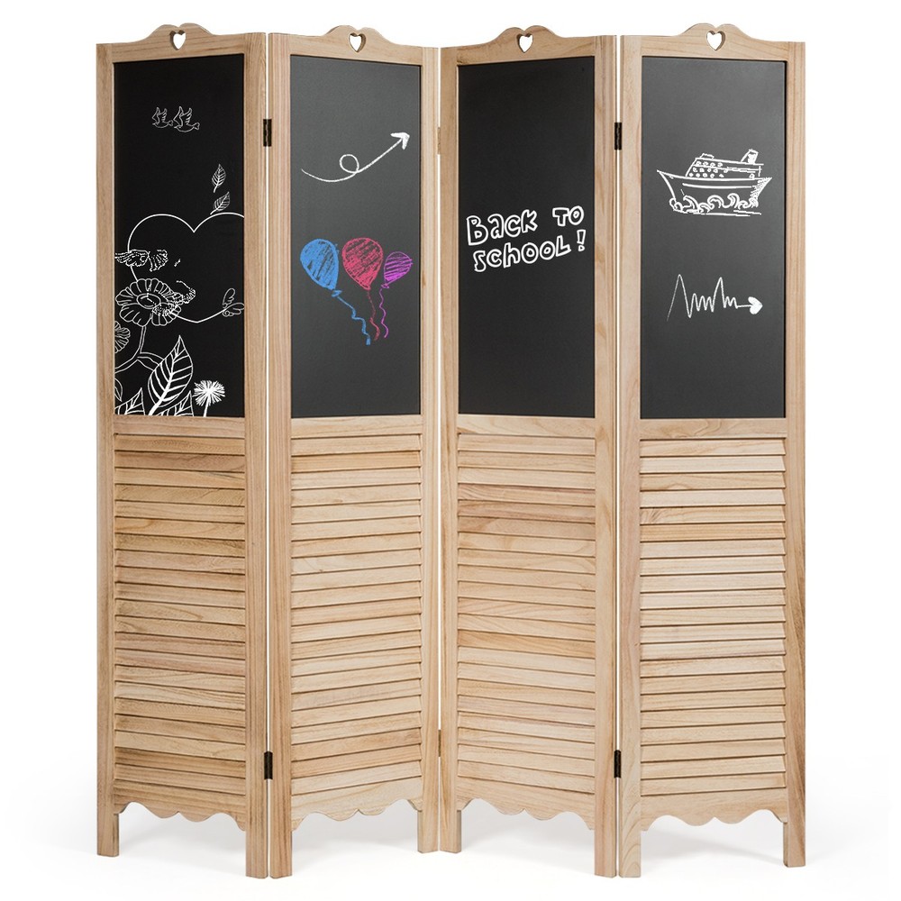 4-Panel Folding Privacy Room Divider Screen W/ Chalkboard 5.7 Ft Tall Natural