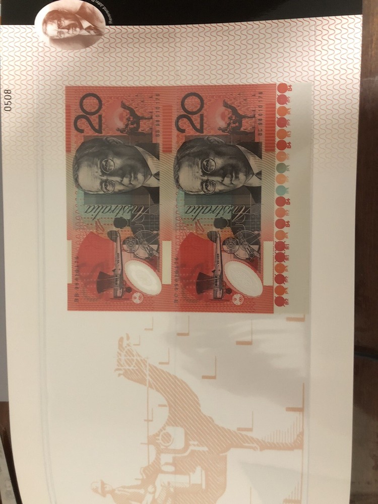 1998 Australia Macfarlane Evans $20 Vertical Pair Uncut Banknote