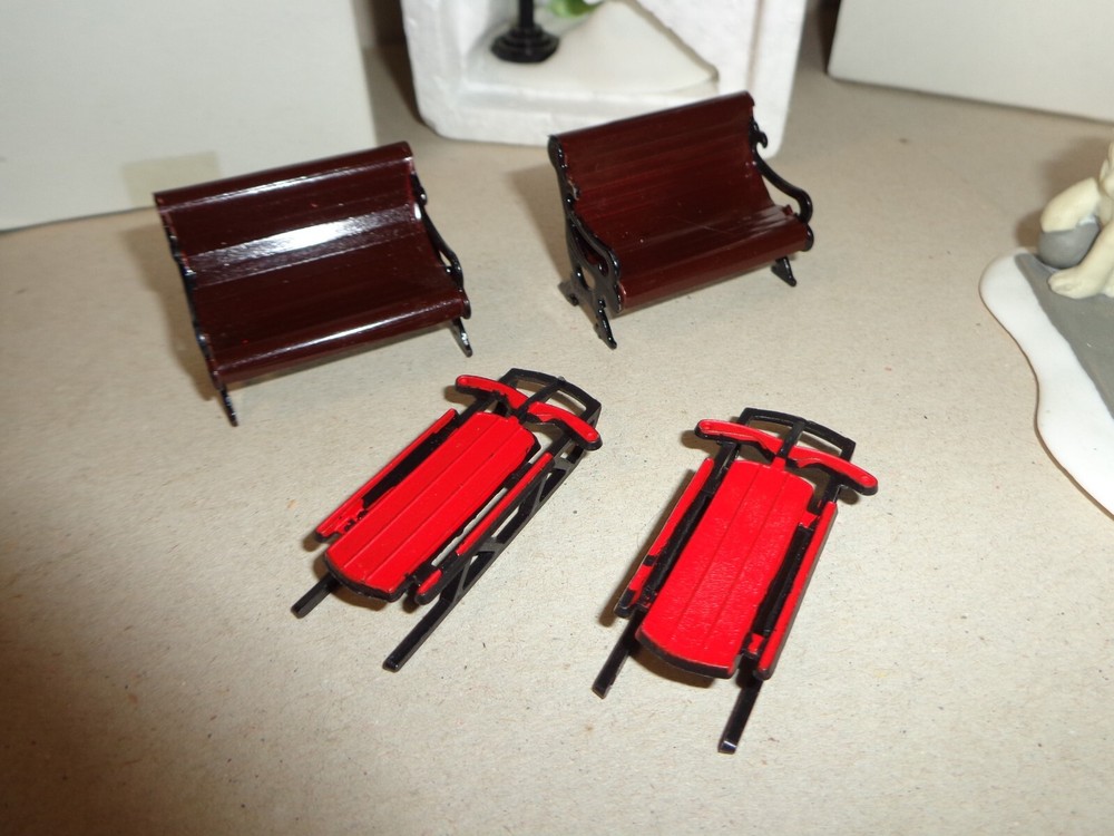 DEPT 56 LAMPLIGHTER ACCESSORY SET,LIONHEAD BRIDGE, MAIL BOX, SLEDS, BENCH, + LOT