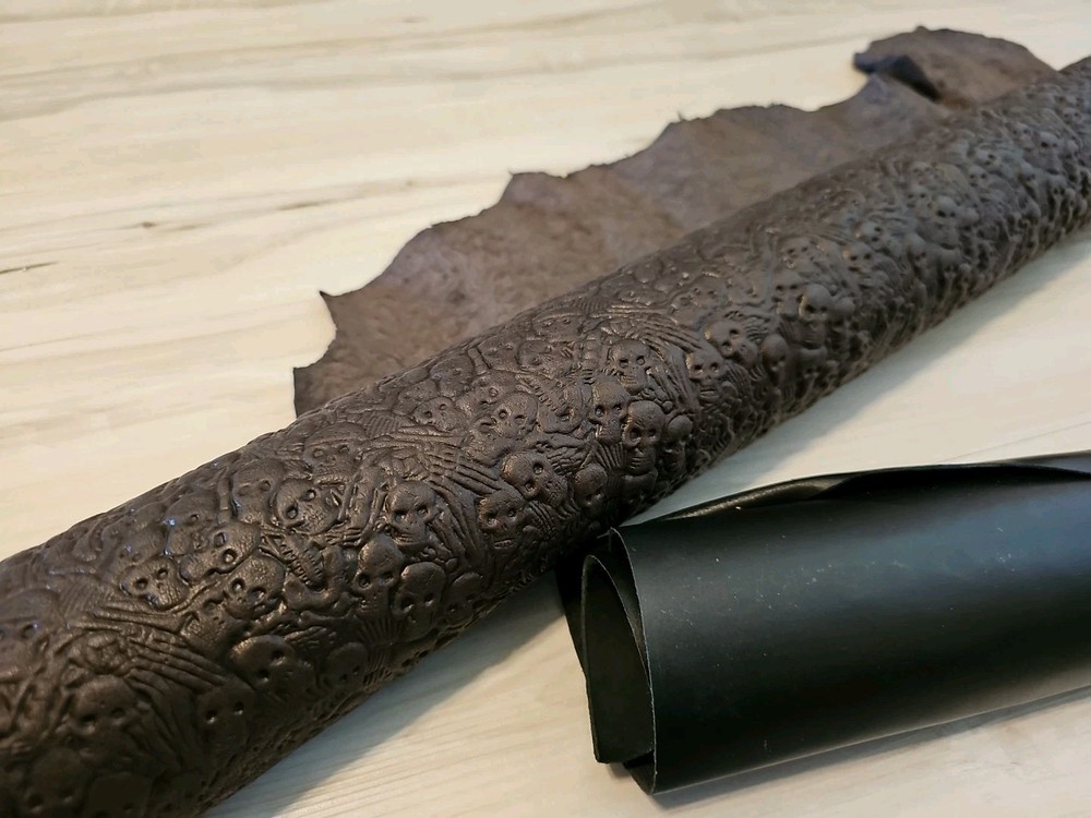 VEGETABLE TAN SKULL & BONES EMBOSSED BROWN LEATHER HIDE SOFT SHEET,PANEL,CUT