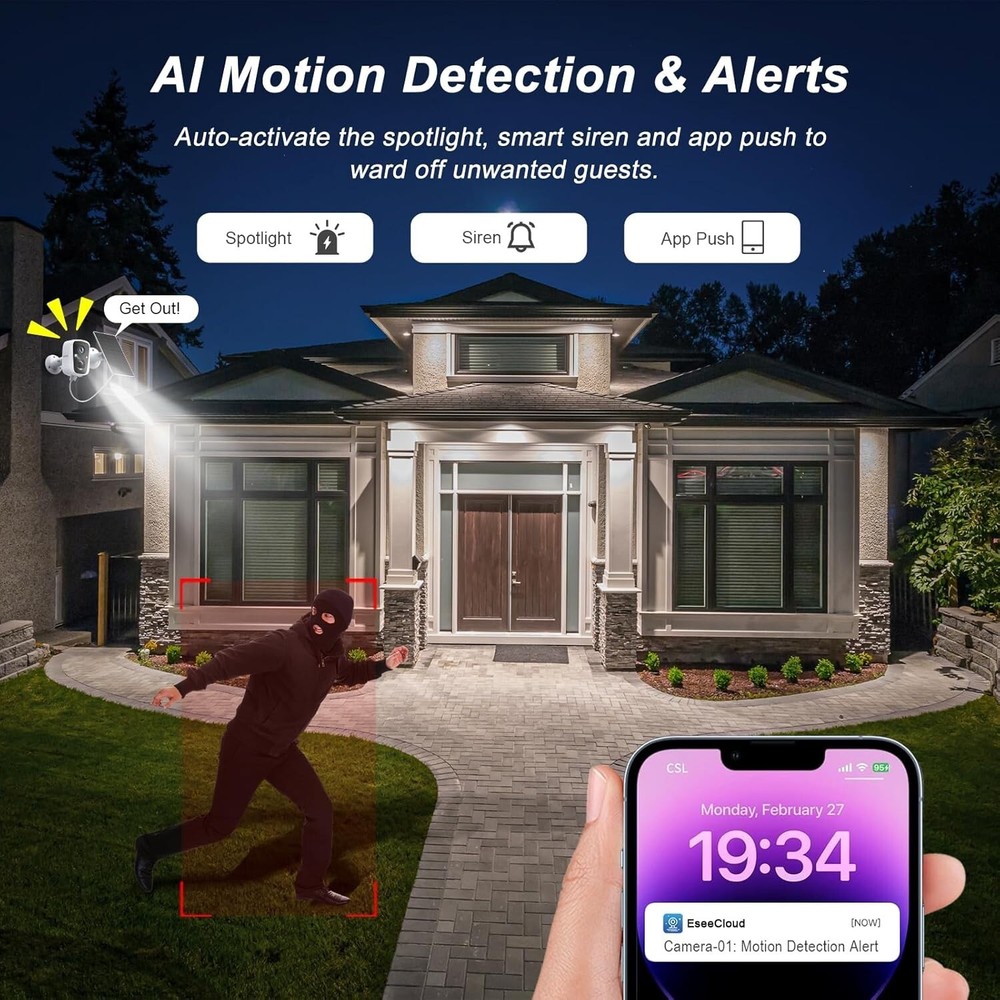 4MP Wireless Color Security Camera System Solar Battery Powered 2-Way Audio