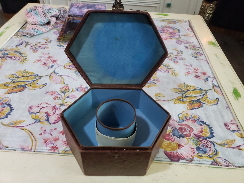 Antique Vintage VICTORIAN LEATHER COLLAR BOX Brass Latch Hexagonal