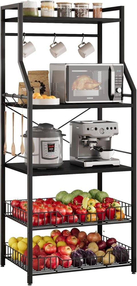 Industrial Kitchen Bakers Rack Microwave Stand Coffee Bar Storage Shelf w Hooks