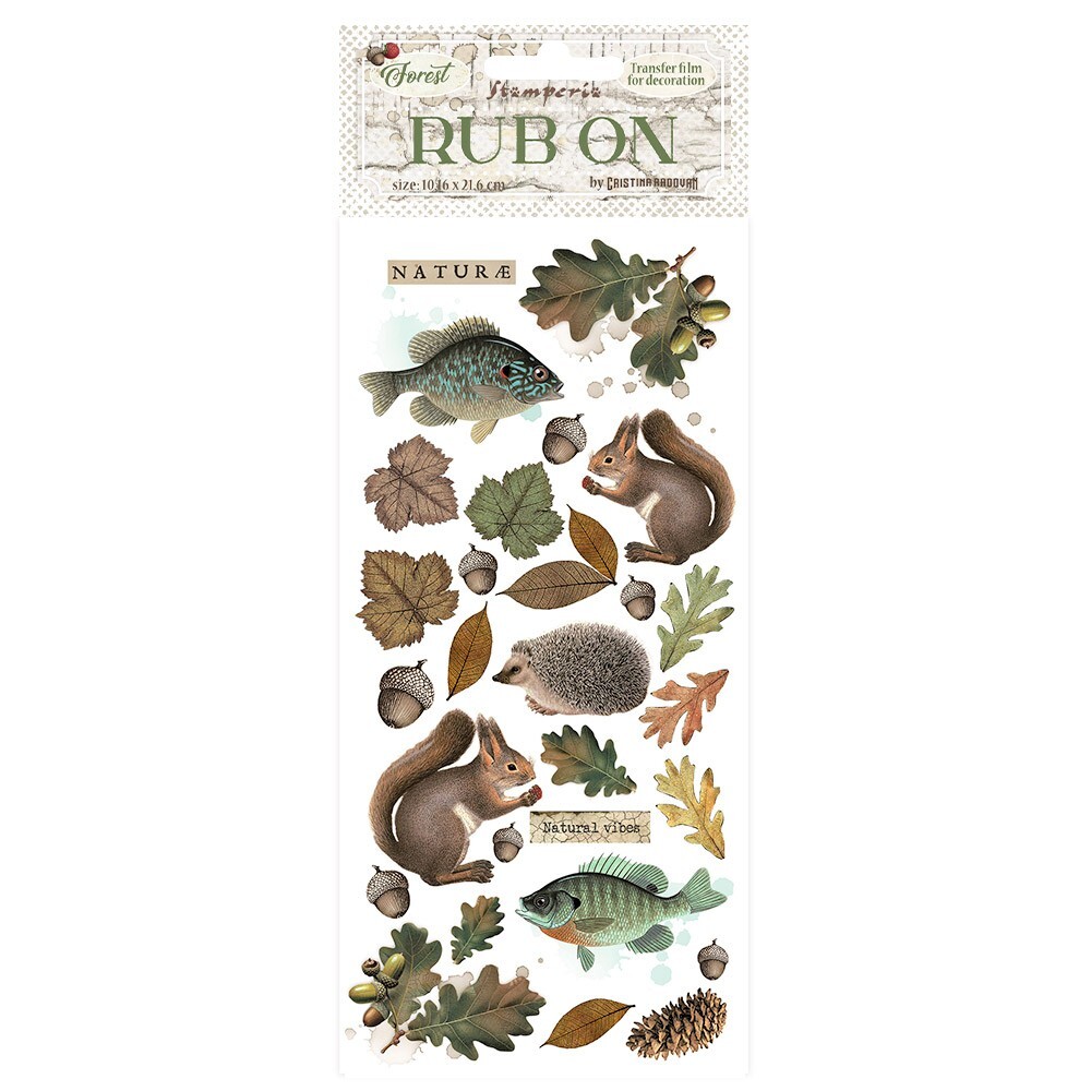 Stamperia - FOREST - LEAVES & ANIMALS - RUB ON 4" x 8.5", Squirrel, Fish