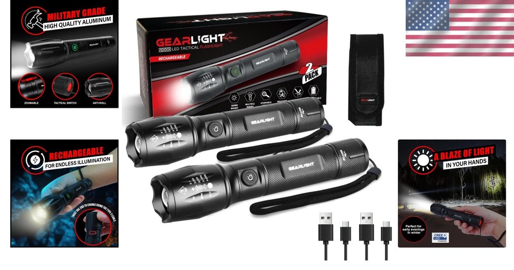 Compact S1000 Tactical Flashlight - High Lumens & USB-C Charging - 2 Pack