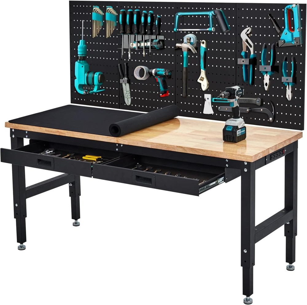 60" Workbench Rubber Wood Tabletop Work Table W/2 Drawers & Pegboard Pad 3000LBS