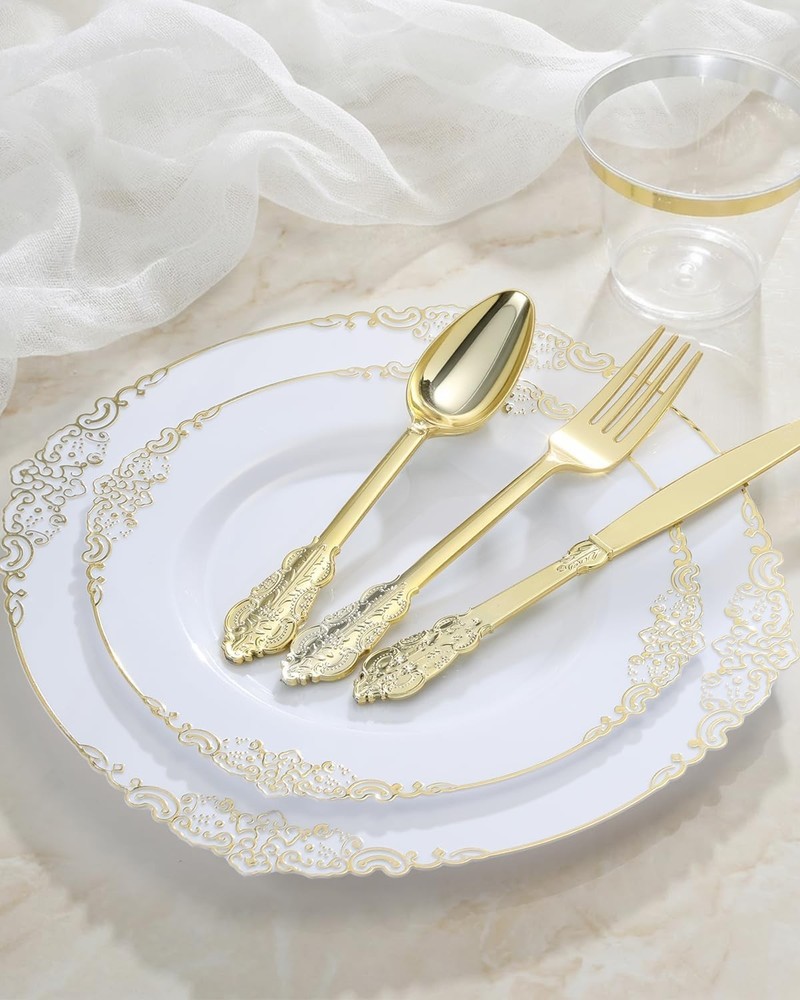 350 Pcs Gold Plastic Dinnerware Set 50 Guests Fancy Disposable Plates