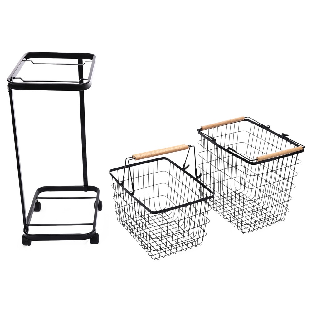 2 Tier Black Laundry Basket With Wheels Metal Rectangular Laundry Basket