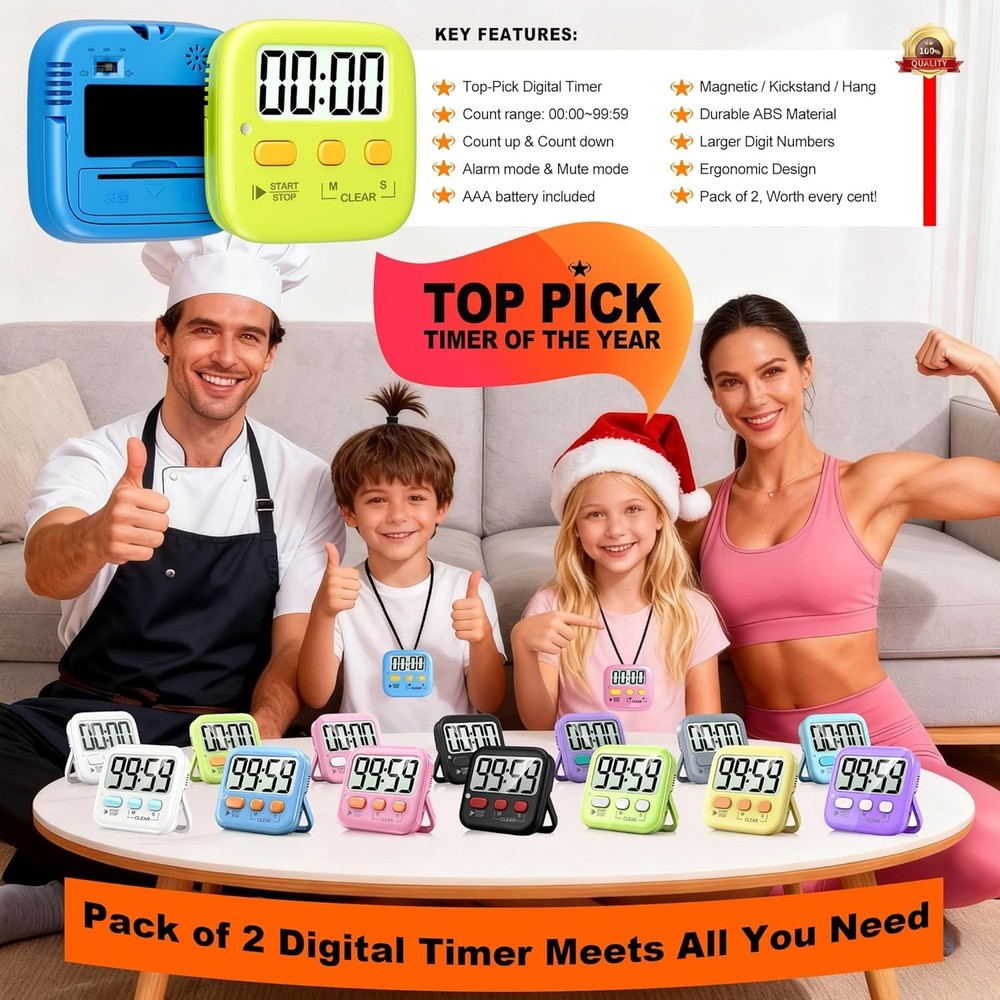 Versatile 2 Pack Kitchen & Classroom Timers - Loud/Silent Modes Included