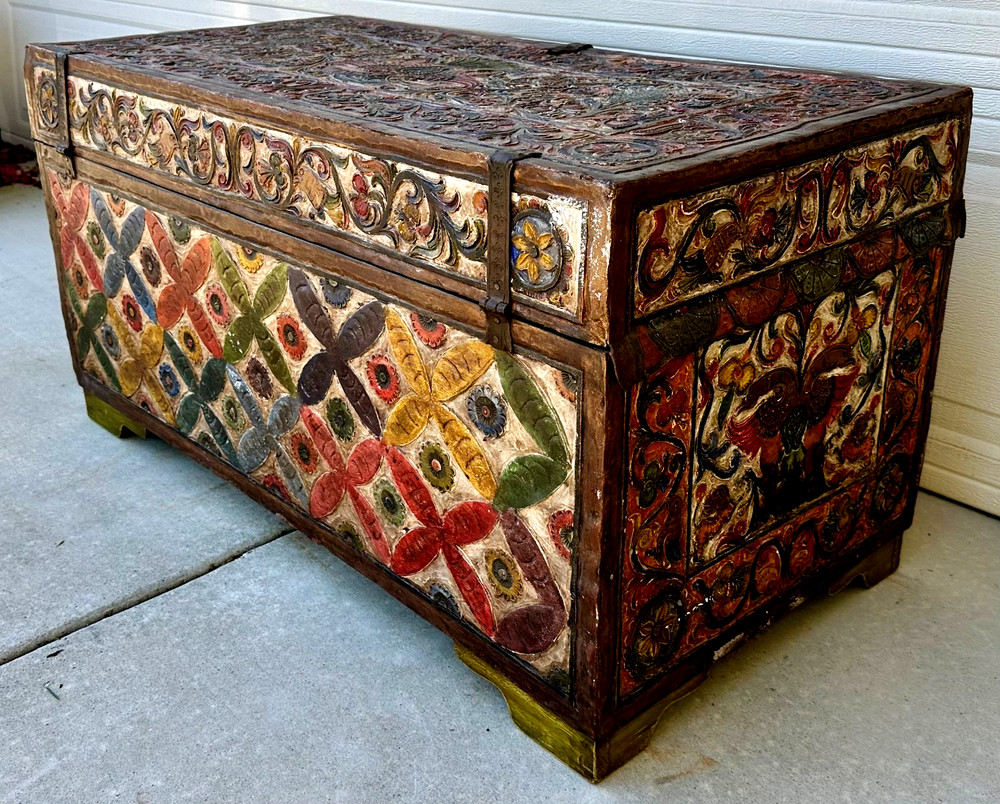 Museum-Quality 18th C.Peruvian Spanish Colonial Polychromed Leather Dowry Trunk