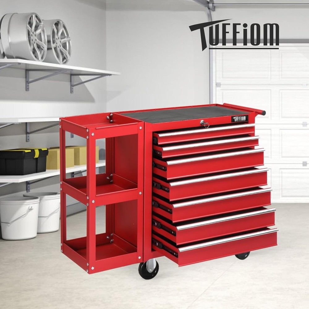 7-Drawer Rolling Tool Chest Tool Box with Lock & Key & Side Shelves for Workshop