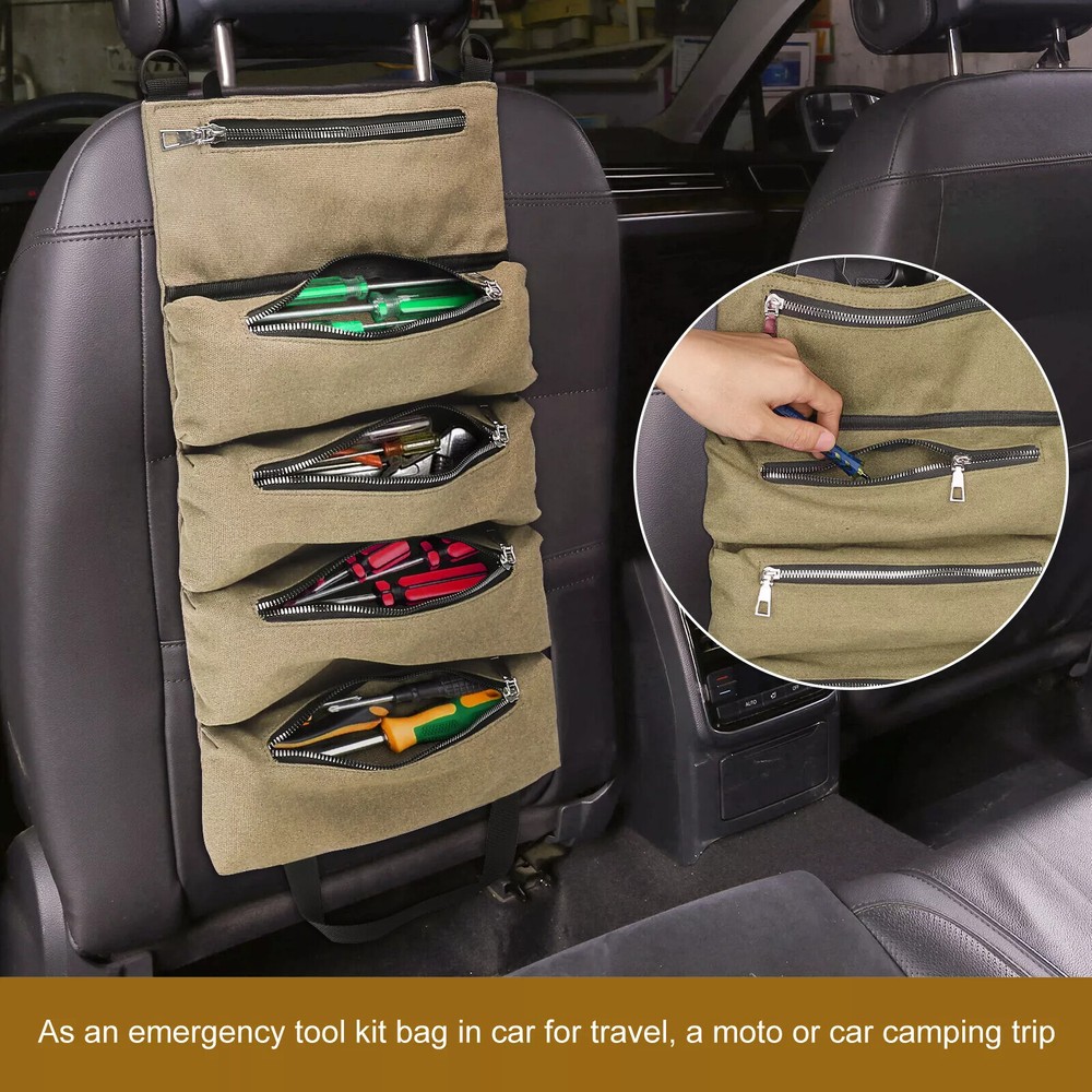 Khaki Car Backrest Canvas Tool Organizer Multi-Purpose Tool Roll Up Bag 5 Pocket