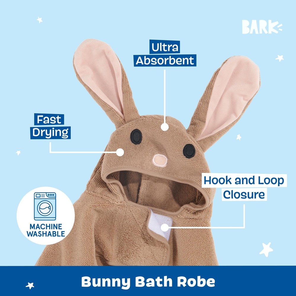 Barkbox Dog Bathrobe Fast Drying w/ Hook & Loop Closure & Wrap Tie - Medium Bunn