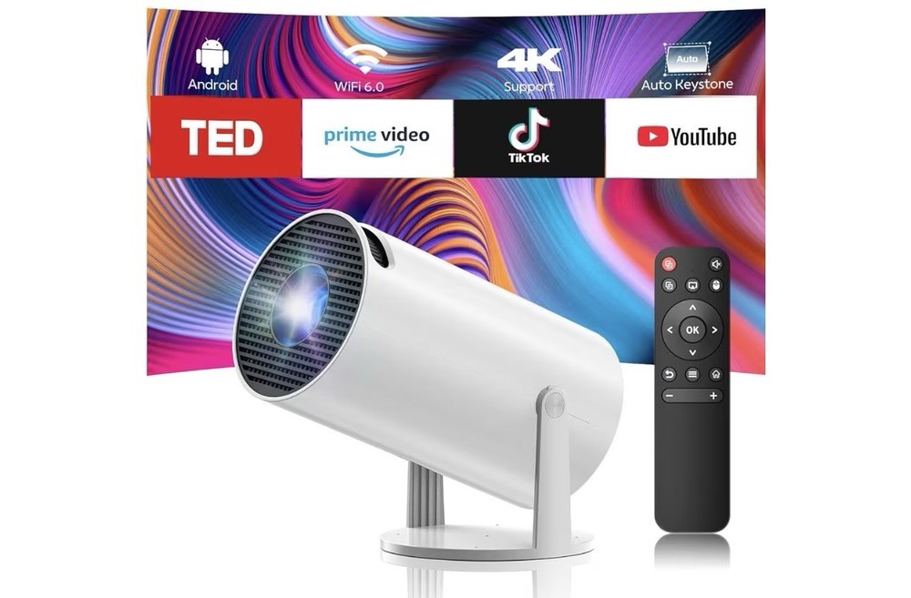 Smart 4K Desktop Projector WiFi 6.0 Android Auto Keystone Built-in Apps White