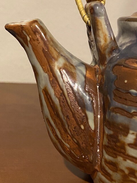 Studio Art Pottery Ceramic Textured Glazed Teapot w/Bamboo Handle Awesome EUC