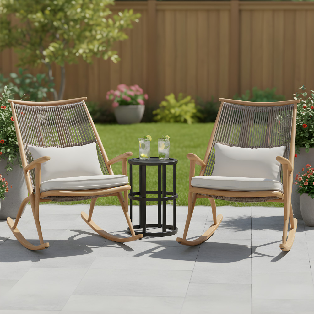 Set of 2 Iron Rocking Chairs with Maple Finish Ceramic Tile Side Table Set