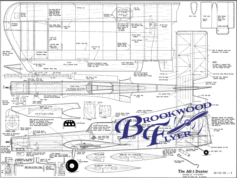 Aldrich AG-1 DUSTER PLAN + CONSTRUCTION ARTICLE for 54" UC Stunt Model Airplane