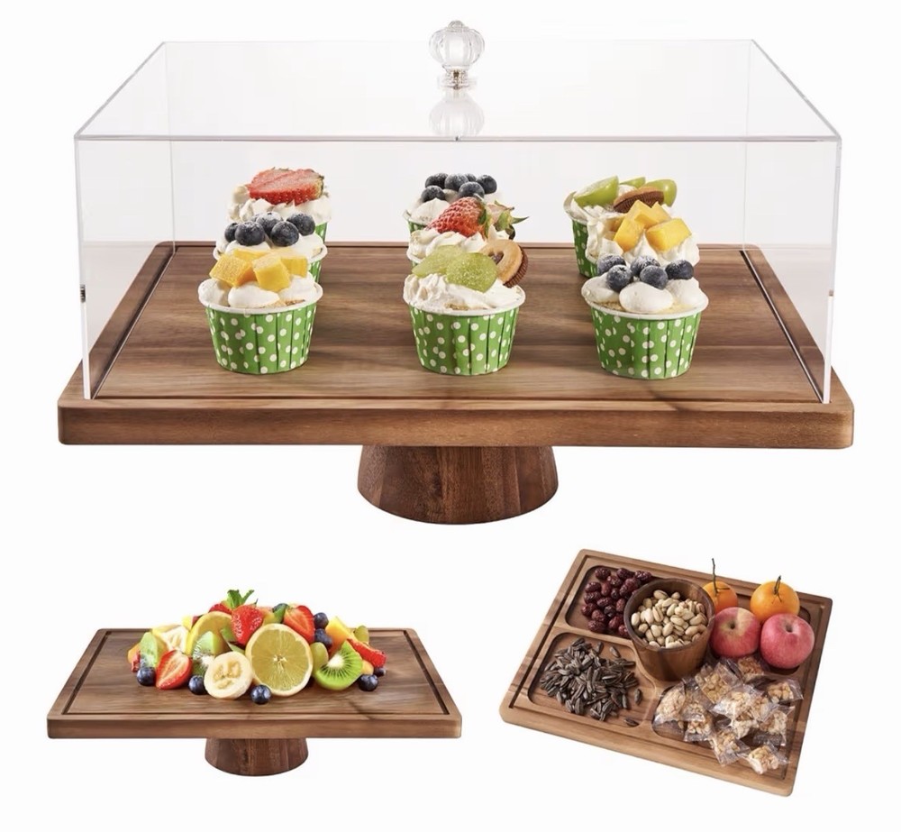 Acacia Wood Rectangular Cake Stand with Lid; 17" Multi-Functional Dessert Holder