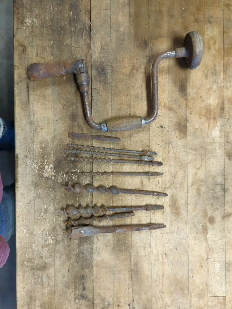 Vintage Hand Drill With Various Bits