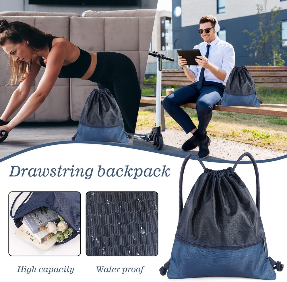Drawstring Backpack Bag, Waterproof Draw String One Size, Navy Blue, Upgraded