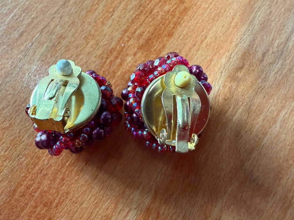 Pair Ruby Red Bead Knot Clip Earrings 7/8"dia.