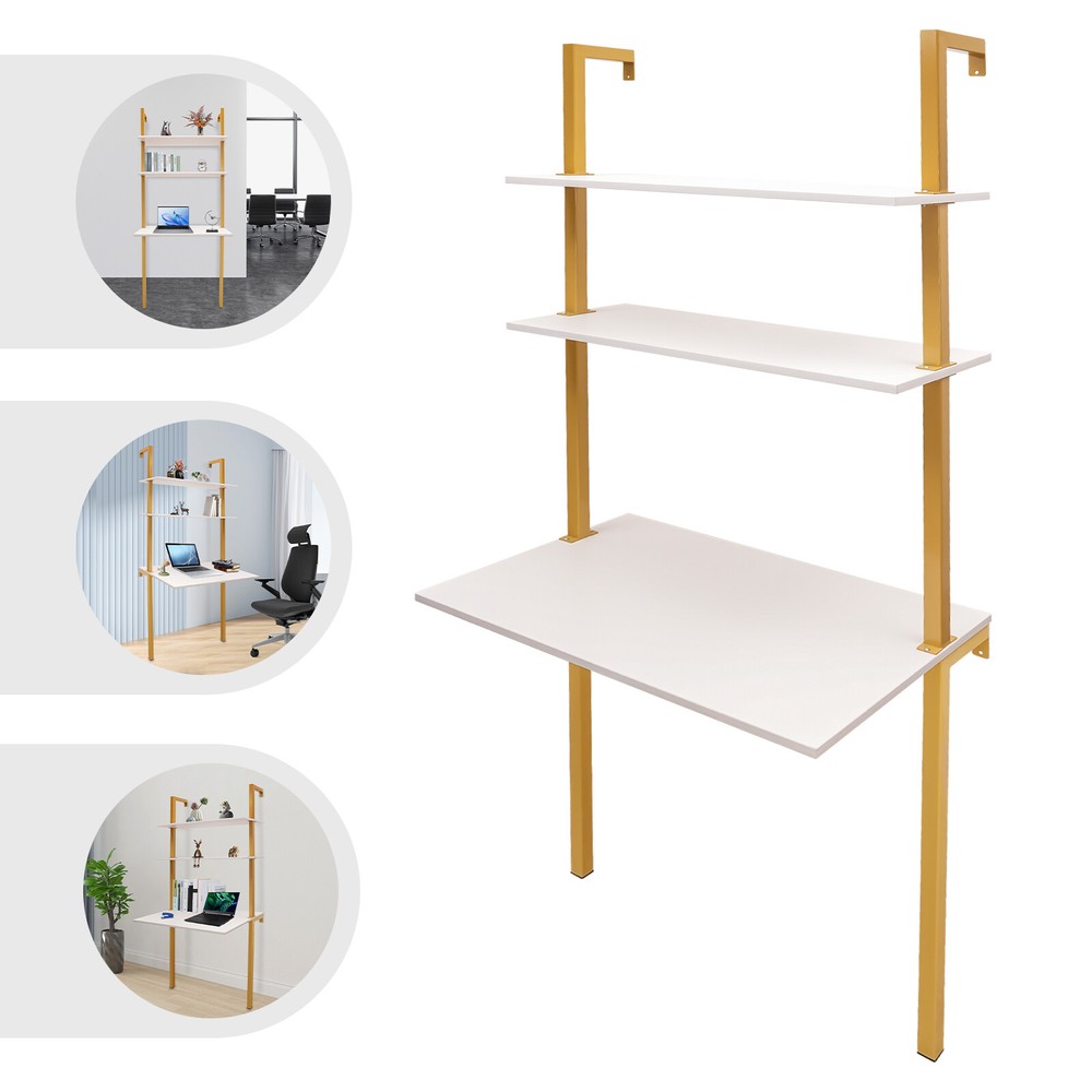 Wall Mount Writing Table 3-tier Computer Desk Storage Home Office w/ Power Strip