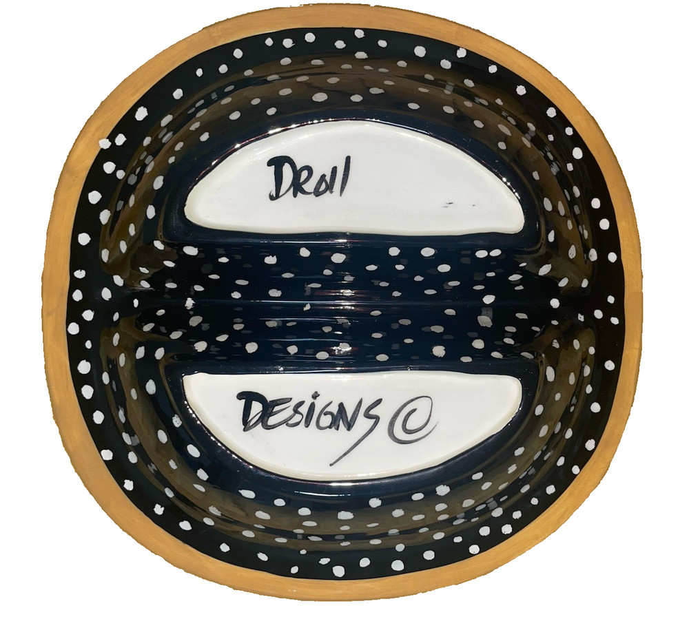 Droll Designs MARIGOLD Hand Painted Ceramic Glazed Split Divided 10.5” Bowl