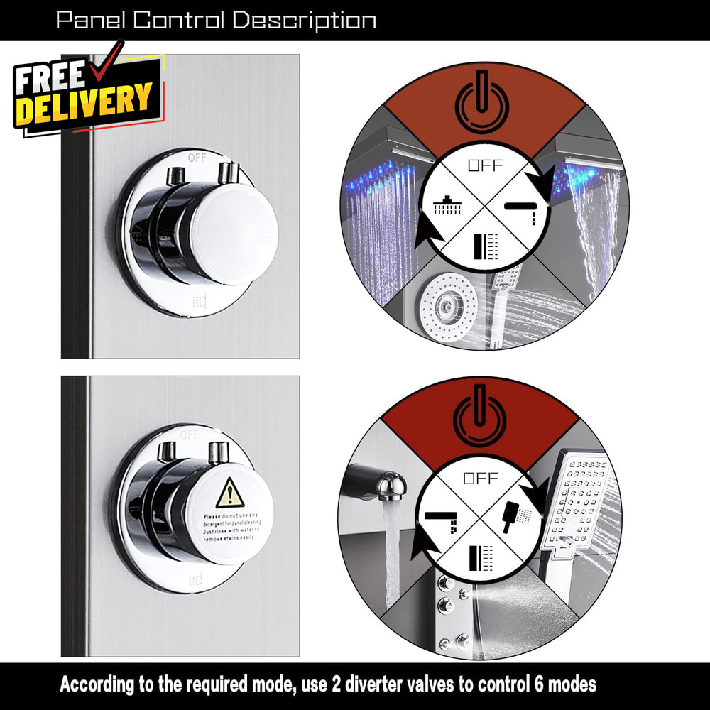 Stainless Steel Shower Panel Tower LED Rainfall Waterfall 6-Function