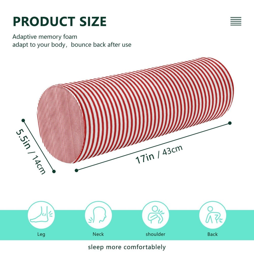 Red White Stripes Neck Roll Pillow - Extra Dense Memory Foam Round Cylinder B...