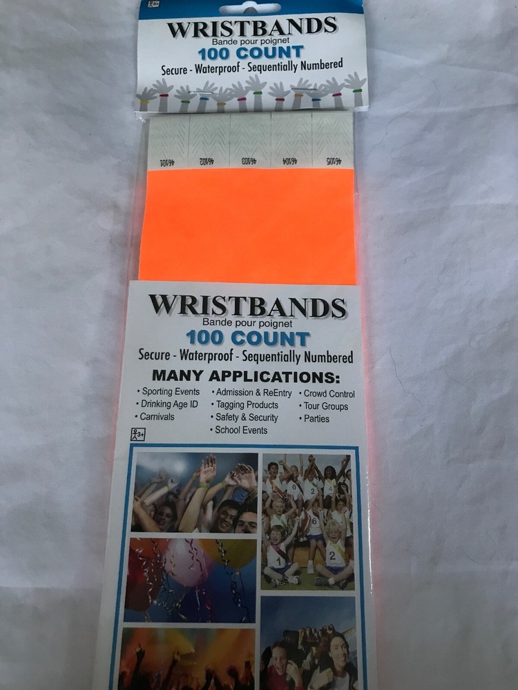 NEW Orange Event Wristbands 100 Count Secure Waterproof Sequentially Numbered