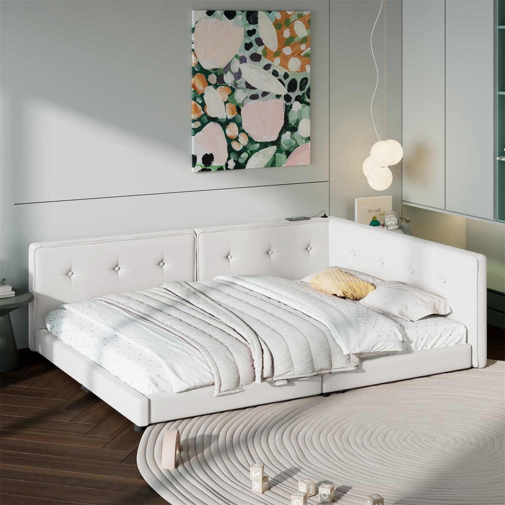 Full/Queen Size Bed Frame Upholstered Platform Bed w/ USB Ports Beige/Blue