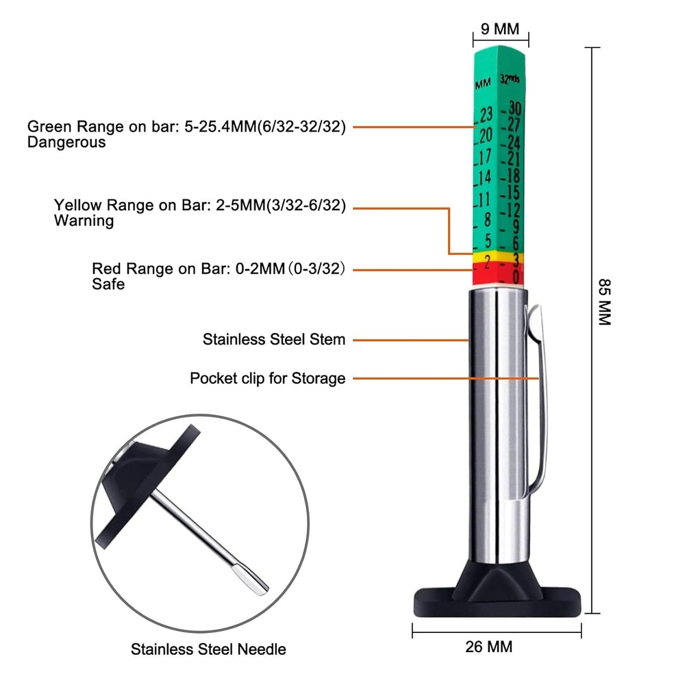 GODESON Tire Tread Depth Gauge,Two-Sided Smart Color Coded Depth...