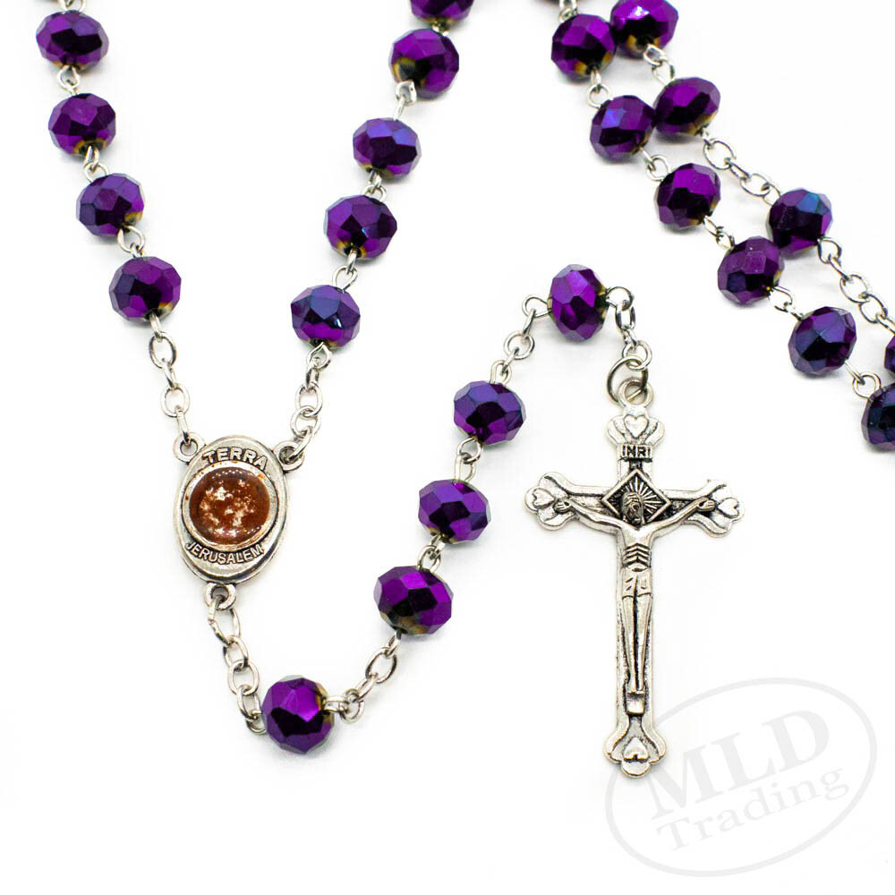 Deep Purple Crystal Beads Rosary Necklace Catholic Holy Center & Cross Crucifix