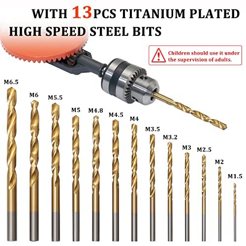 Powerful Speedy Hand Drill 1/4" Manual Drill with 13Pc Drill Bit Set Chuck & Key