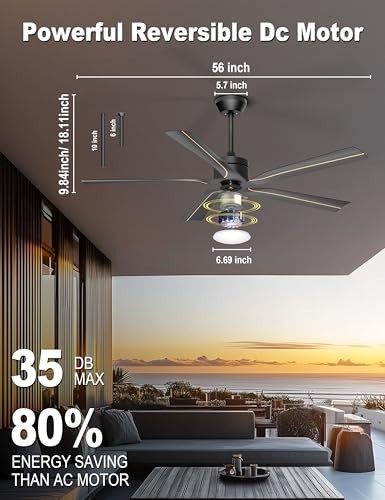 56" Black Ceiling Fan with Light & Remote Control - Quiet DC Motor, 3CCT, Indoor