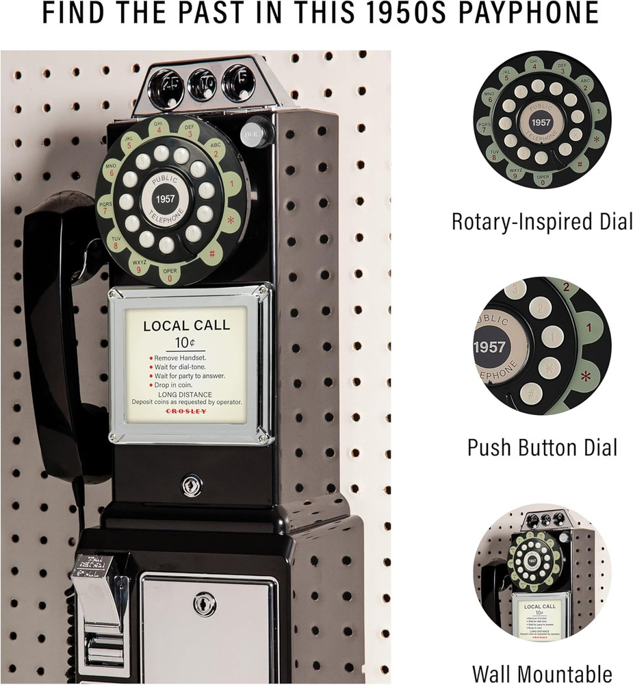 CR56-BK 1950'S Payphone with Push Button Technology, Black