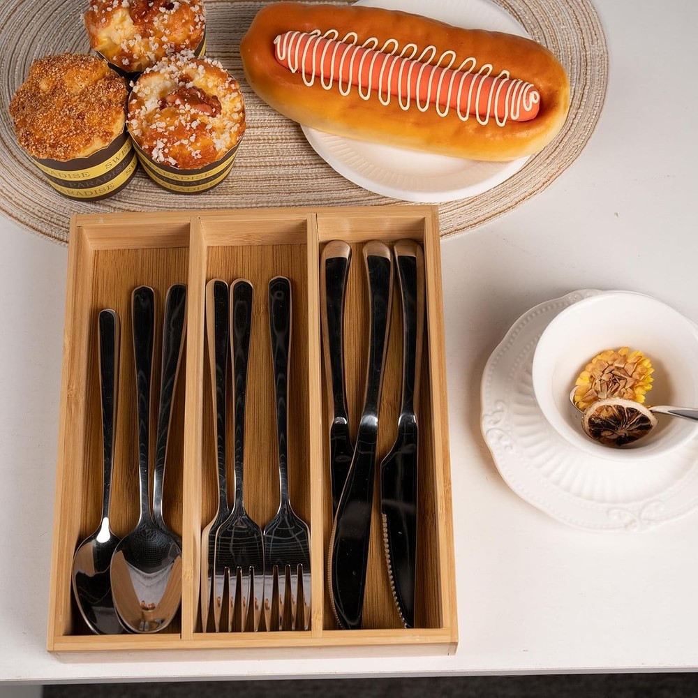 Silverware Organizer Bamboo Kitchen Drawer 3 Compartments, Natural