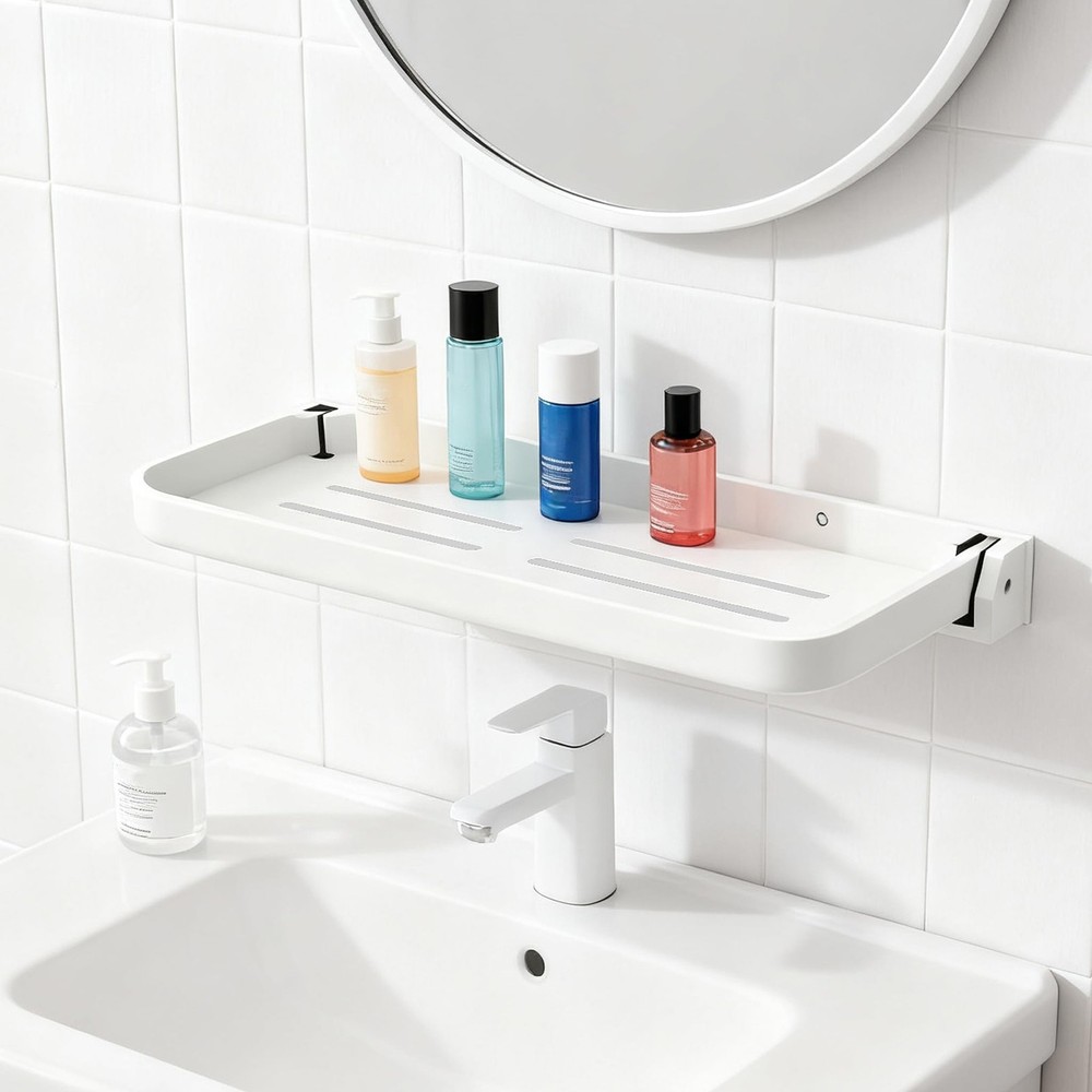 Small Folding Wall Shelf Waterproof Rust-Proof 90 Fold Down Metal White 2 PCS