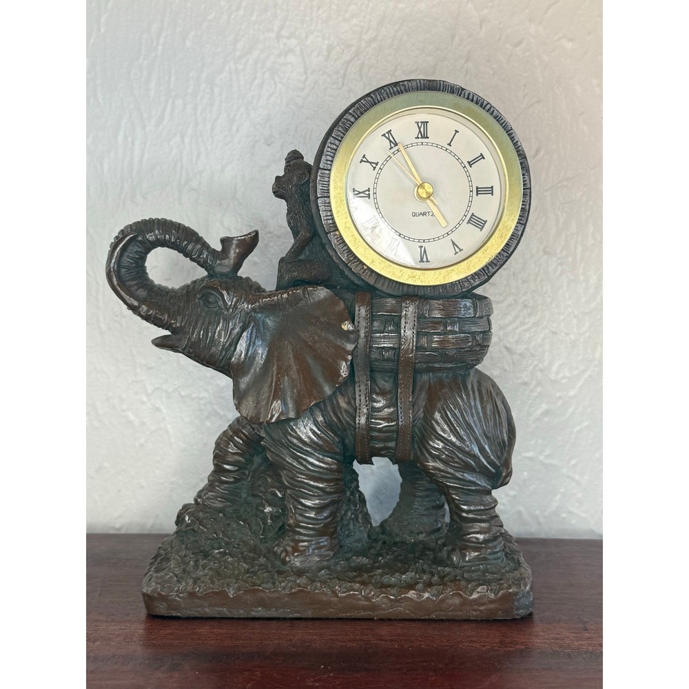 Elephant Monkey Resin Table Clock 1990s Safari Décor