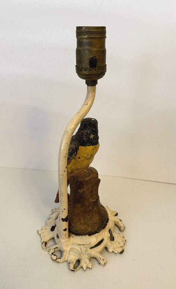 CAST IRON Antique Table LAMP Whimsical Bird, PARROT on a Tree stump