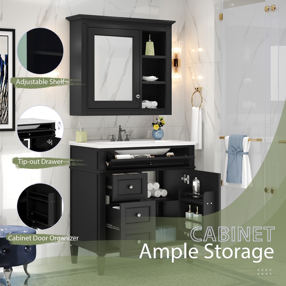30'' Modern Black Bathroom Vanity Set with Sink & Mirror, 2 Drawers
