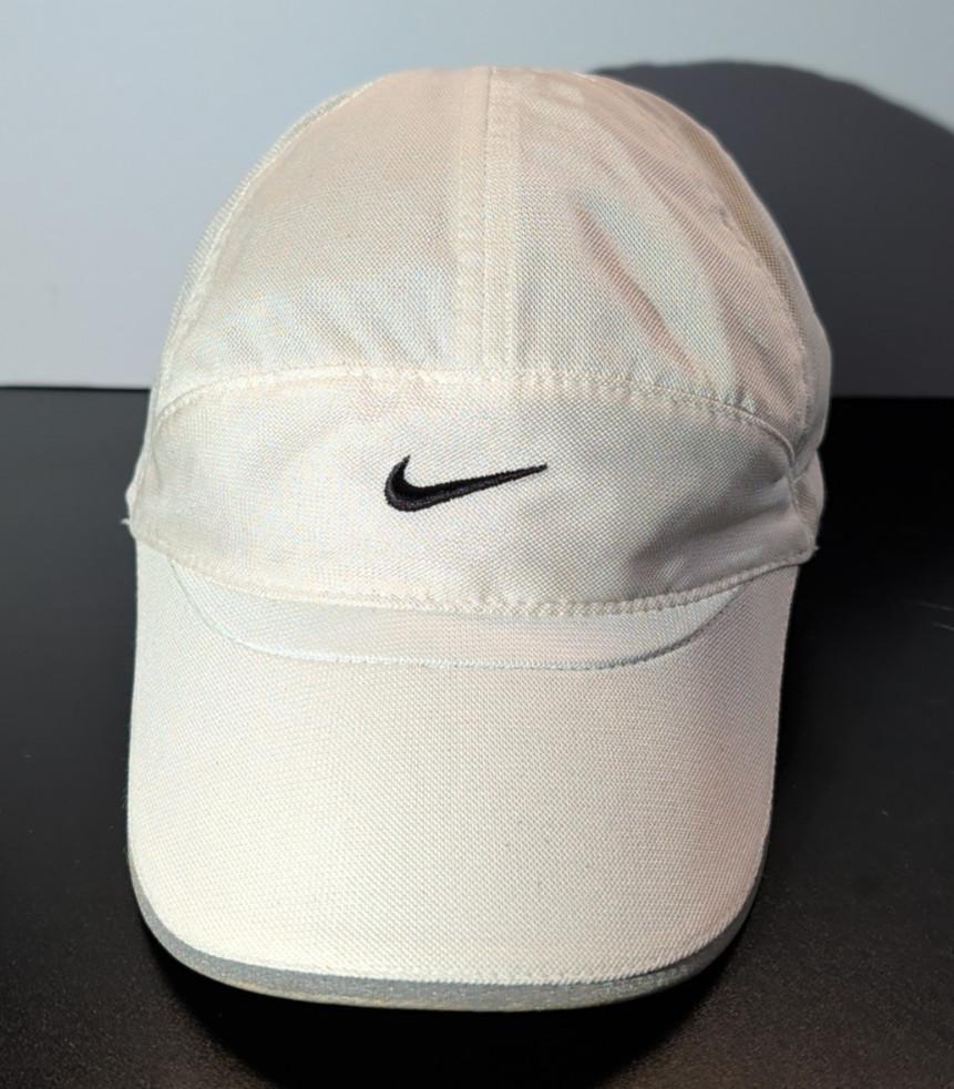 Nike Dri-Fit Featherlight 7 Panel Hat Cap White Adjustable Strap Running Tennis