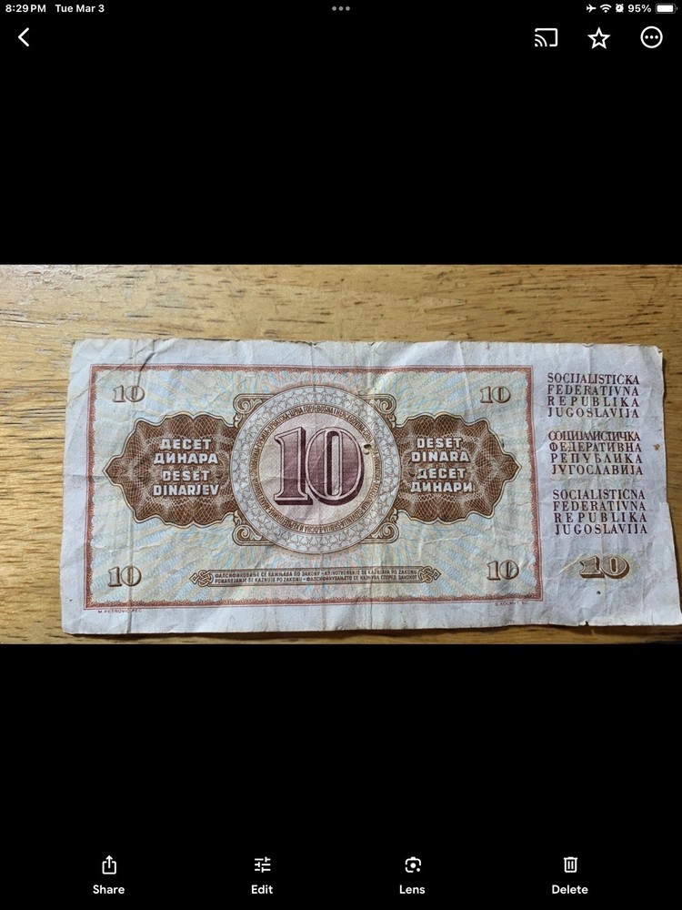 Yugoslavia 10 Dinara Note 1966