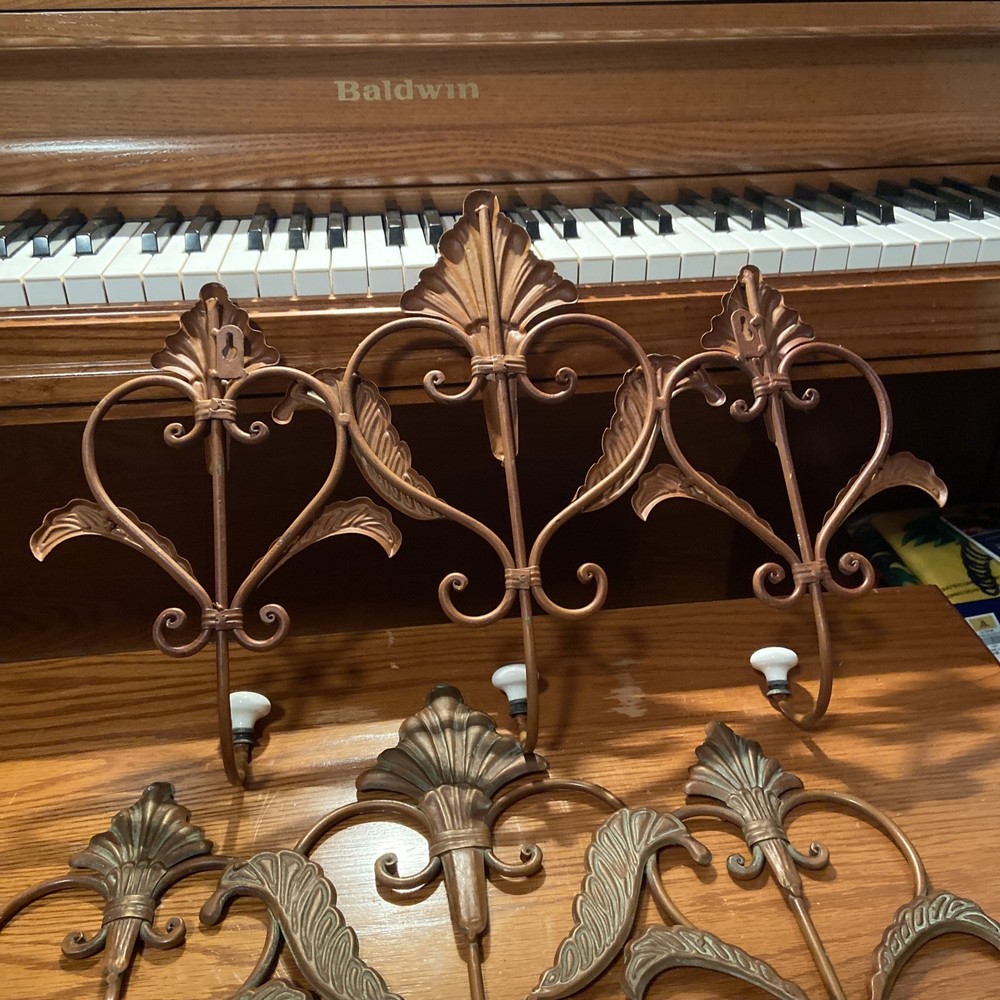 2 Antique Vintage Copper Coat Rack Hook Ornate White Knobs