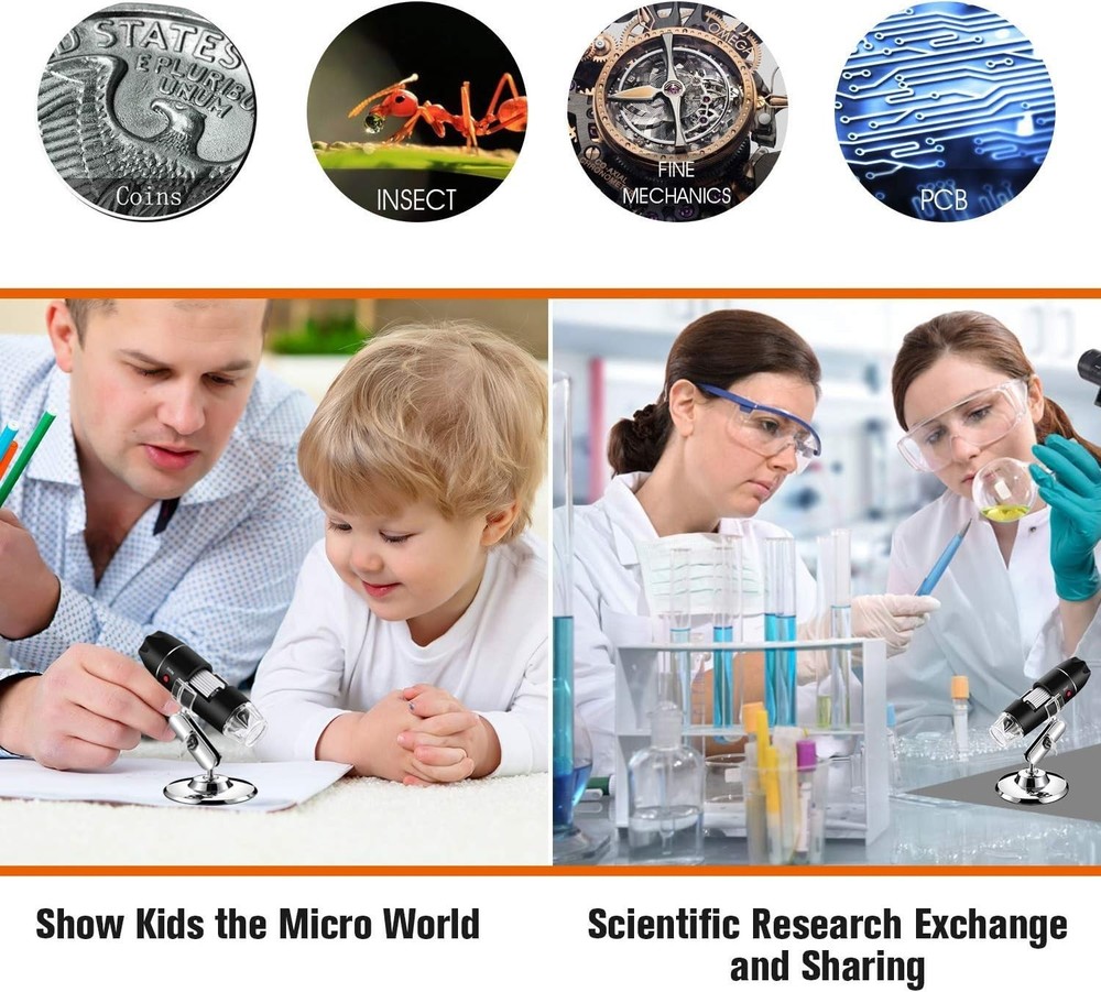 Portable 1000X USB Digital Microscope with Adjustable Lighting & Metal Stand