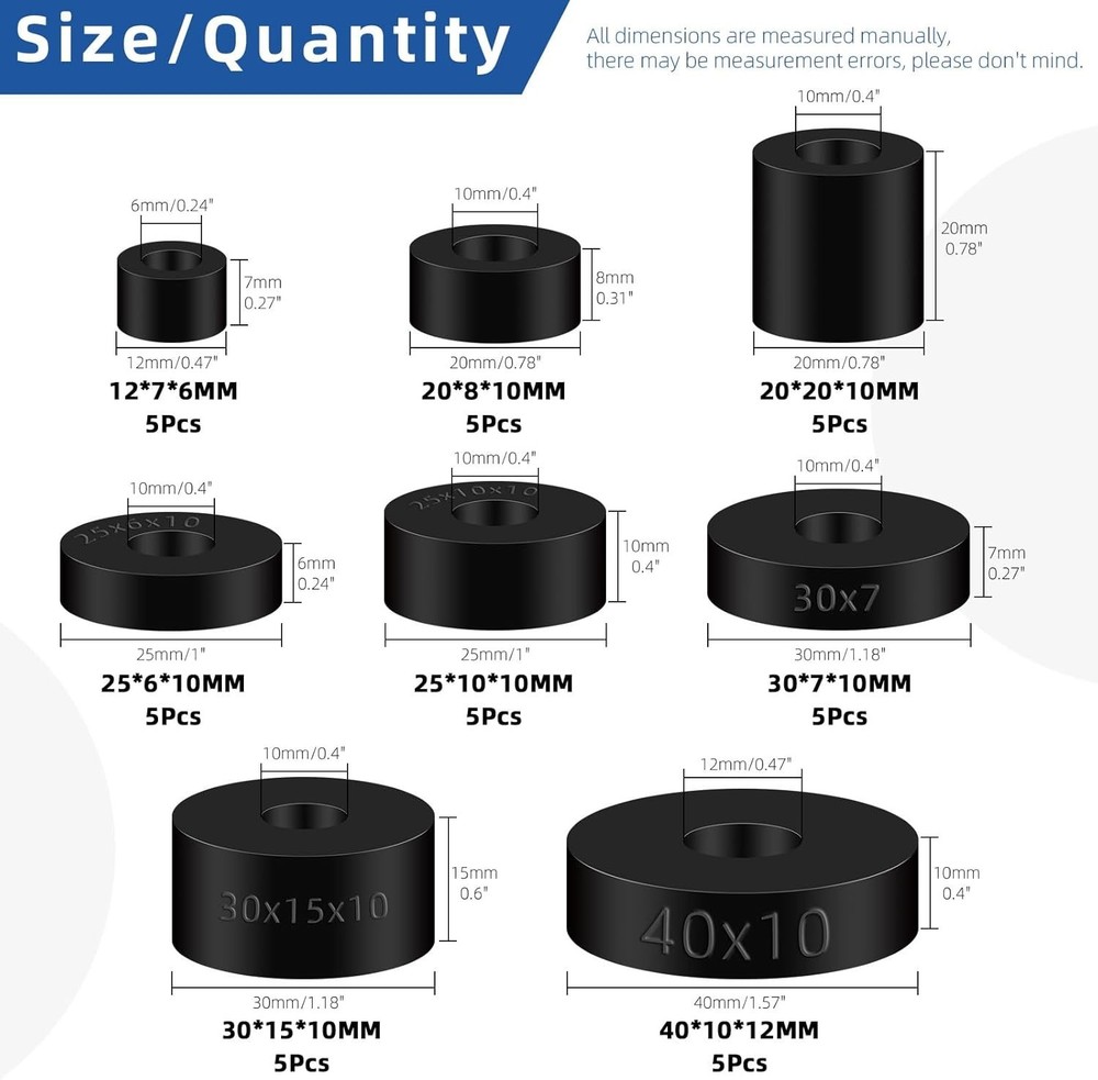 40Pcs 8 Sizes Black Round Rubber Spacer Assortment Kit for Multi-Purpose Use