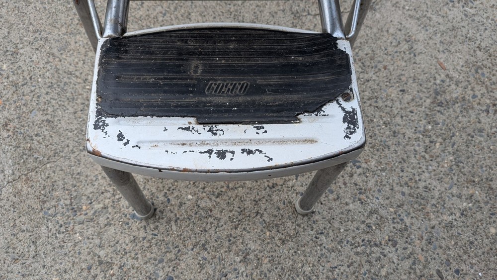 Vintage Aged White Cosco Step Stool Unique Back